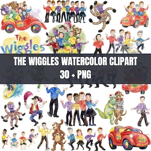 May include: Watercolor clipart featuring The Wiggles characters and related imagery. Includes illustrations of the band members, a red car, an octopus, and other figures. The text "THE WIGGLES WATERCOLOR CLIPART 30 + PNG" is also present.