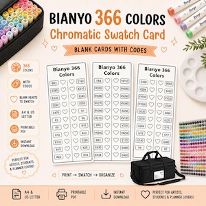 Può includere: Un set di schede per campioni cromatici Bianyo 366 Colors composto da tre schede bianche verticali con testo nero e contorni di cuori per testare i colori. Le schede includono codici alfanumerici, icone per i formati A4 e US Letter, formato PDF stampabile e opzioni di download immediato.