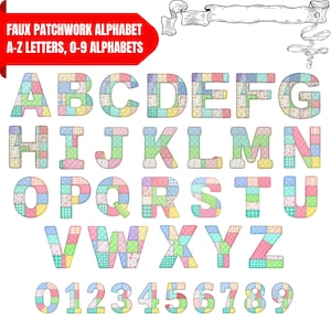 May include: A digital graphic set featuring the alphabet from A to Z and numbers 0 to 9, each character designed with a faux patchwork quilt pattern in pastel colours including pink, blue, green, and yellow, with a decorative banner at the top.