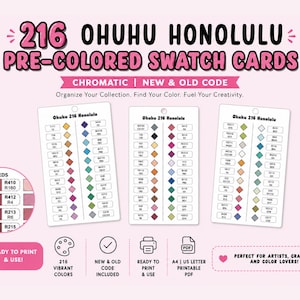 Puede incluir: Un conjunto de 216 tarjetas de muestras de color Ohuhu Honolulu pre-coloreadas en papel blanco con encabezados de texto rosa. Las tarjetas presentan códigos de color organizados y muestras en forma de diamante. Incluye iconos de impresión.