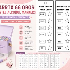 Könnte beinhalten: Eine digitale Farbmustervorlage für Arrtx 66 Oros Pastell-Alkoholmarker. Das Dokument enthält zwei vertikale Spalten mit nummerierten Kästchen und Sternsymbolen zum Testen der Farben sowie einen Bonus-Nummernleitfaden für Lackmarker.