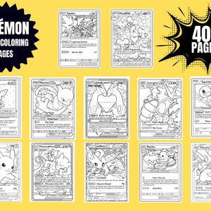 May include: A collection of Pokémon coloring pages featuring various characters like Pikachu, Zapdos, and Squirtle. The pages are black and white, with the text "Pokémon Cards Coloring Pages" and "40 Pages" displayed on a yellow background.