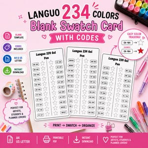 May include: Three white rectangular swatch cards labeled Languo 234 Gel Pen with columns of star outlines and alphanumeric codes. The cards are surrounded by colorful gel pens, a roll of patterned tape, and text including Blank Swatch Card.