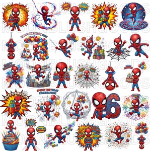 May include: A collection of digital illustrations featuring a cartoon Spider-Man character in various poses, including holding birthday cakes, gifts, and balloons, swinging on webs, and surrounded by comic book style bursts with text like Happy Birthday.