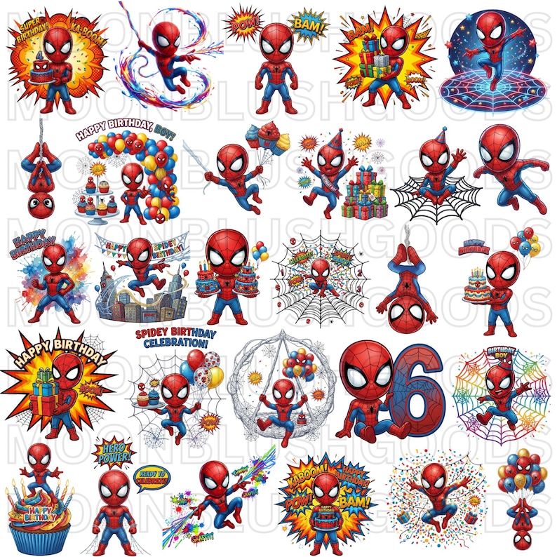 May include: A collection of digital illustrations featuring a cartoon Spider-Man character in various poses, including holding birthday cakes, gifts, and balloons, swinging on webs, and surrounded by comic book style bursts with text like Happy Birthday.