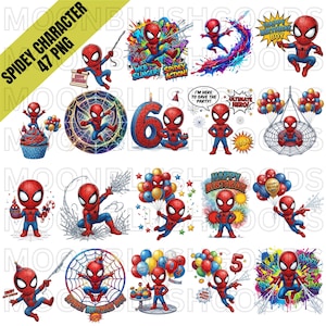 May include: A collection of 47 digital illustrations featuring a cartoon Spider-Man character in various poses, including swinging on webs, holding balloons, sitting on a cupcake, and next to birthday numbers, with text like Happy Birthday.