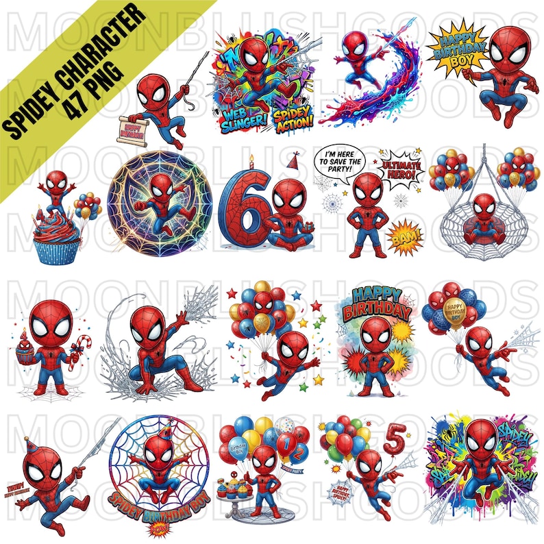 May include: A collection of 47 digital illustrations featuring a cartoon Spider-Man character in various poses, including swinging on webs, holding balloons, sitting on a cupcake, and next to birthday numbers, with text like Happy Birthday.
