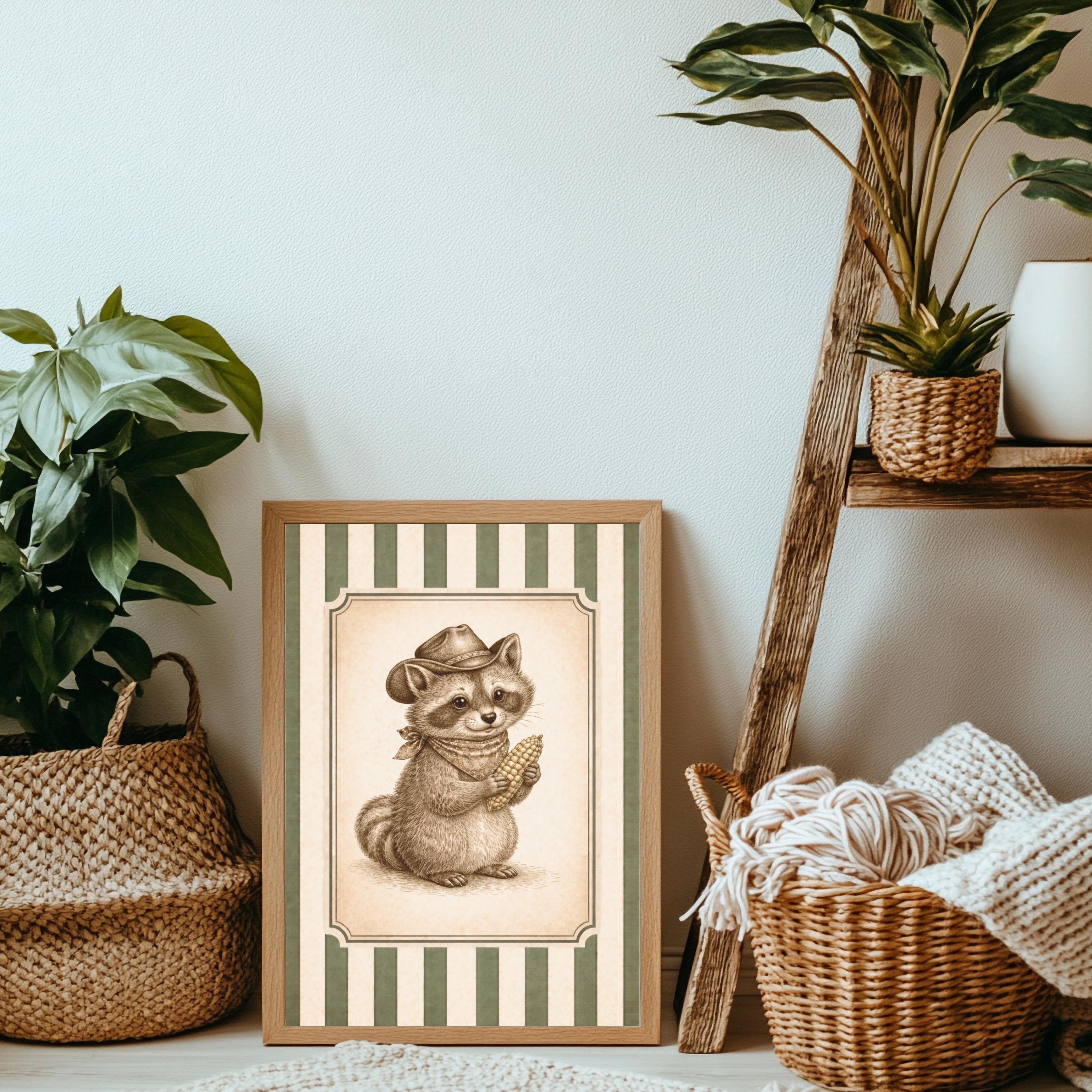 Rustic Raccoon Vintage Raccoon Poster, Rustic Farmhouse Decor, Woodland Animal Print ...