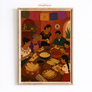 May include: A framed art print titled cute gallery co. depicting a family gathered around a wooden table preparing tamales. The scene features colorful papel picado banners hanging above, bowls of ingredients, and corn husks on the table.