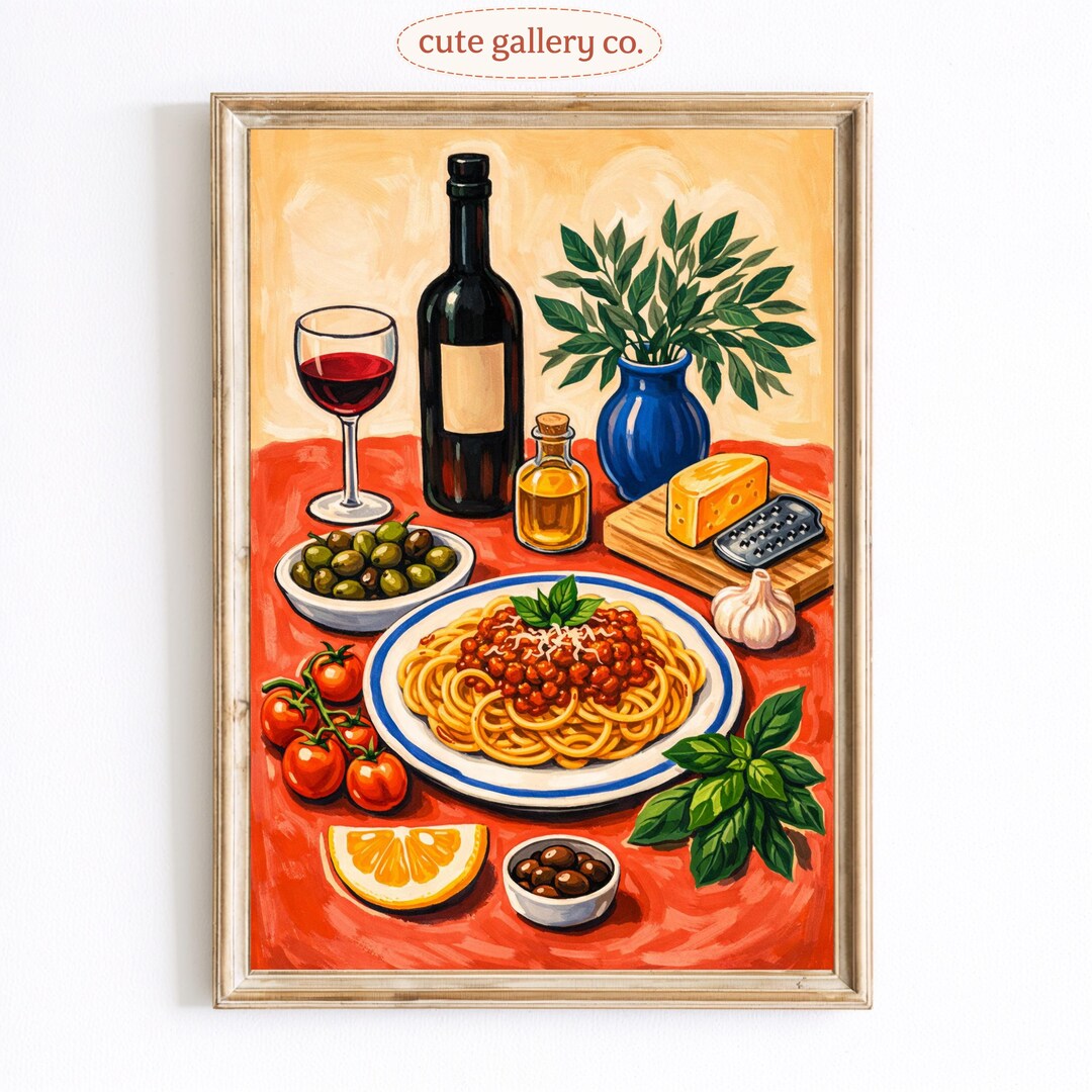 Italian Pasta Still Life Print, Rustic Spaghetti Wine Kitchen Wall Art ...