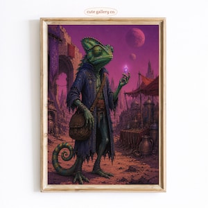 May include: A framed wall art print featuring a green chameleon humanoid character wearing a dark blue hooded robe and a brown satchel. The character holds a glowing purple crystal in a desert landscape with stone arches and two moons in the sky.