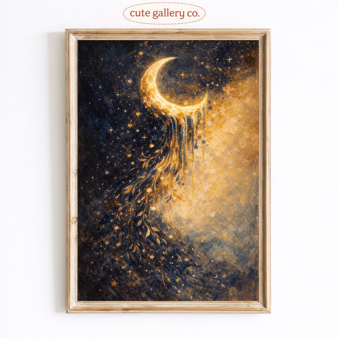 Golden Dripping Crescent Moon Print, Celestial Night Sky Wall Art ...