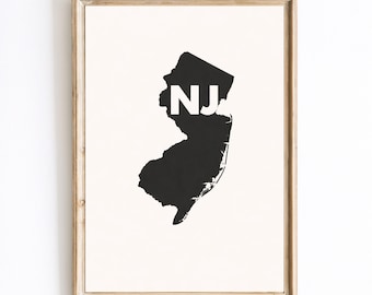 Affiche Silhouette État du New Jersey, impression d'art mural carte du New Jersey, décoration verticale mate