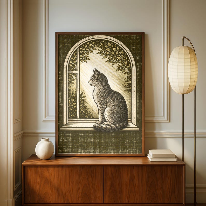 Tabby Cat Window Print, Vintage Botanical Wall Art, Cozy Nature Decor ...