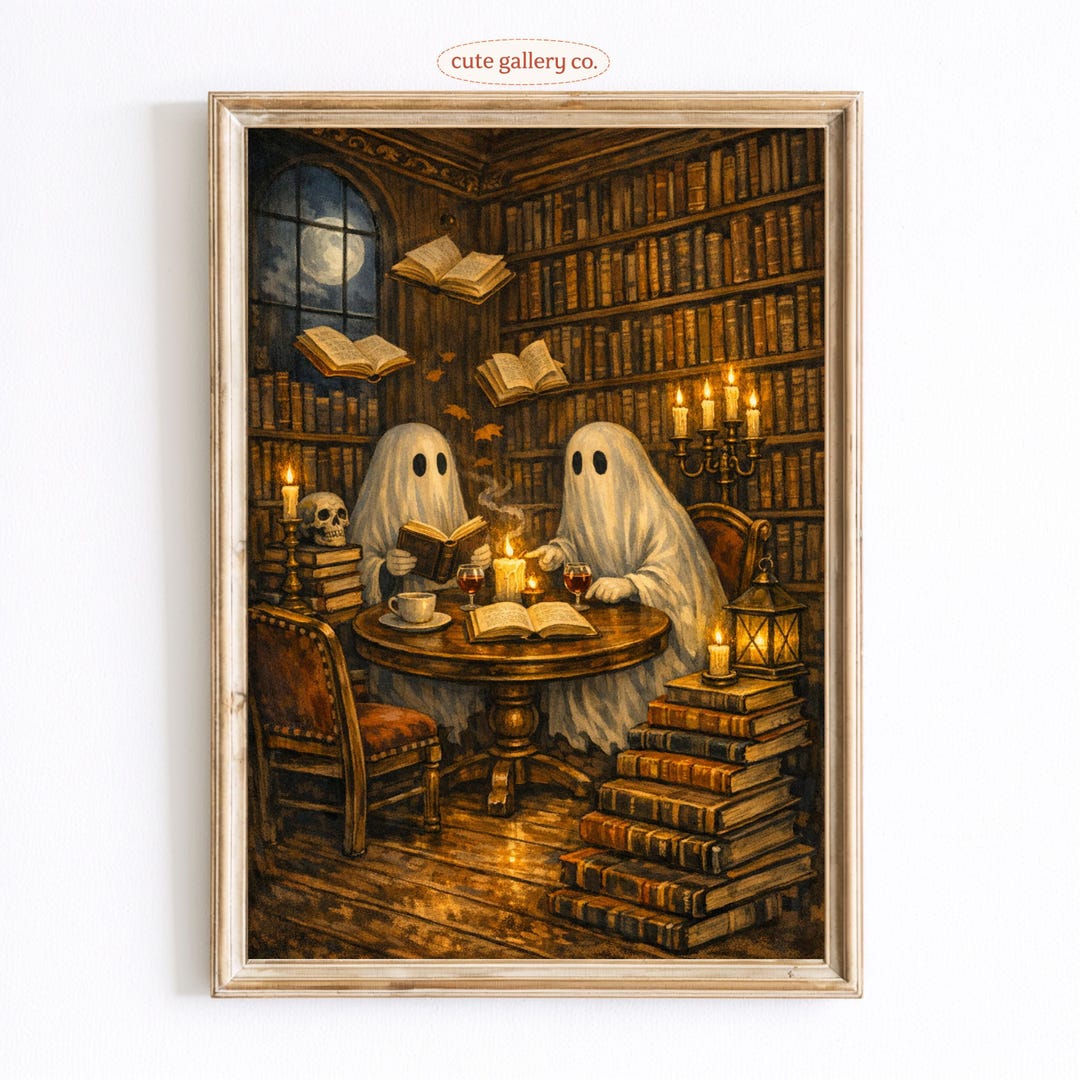 Cozy Spooky Ghost Library Wall Art, Vintage Gothic Reading Poster - Etsy