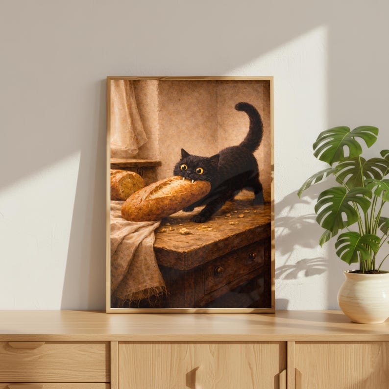 Black Cat Stealing Bread Vintage Kitchen Poster, Whimsical Still Life ...