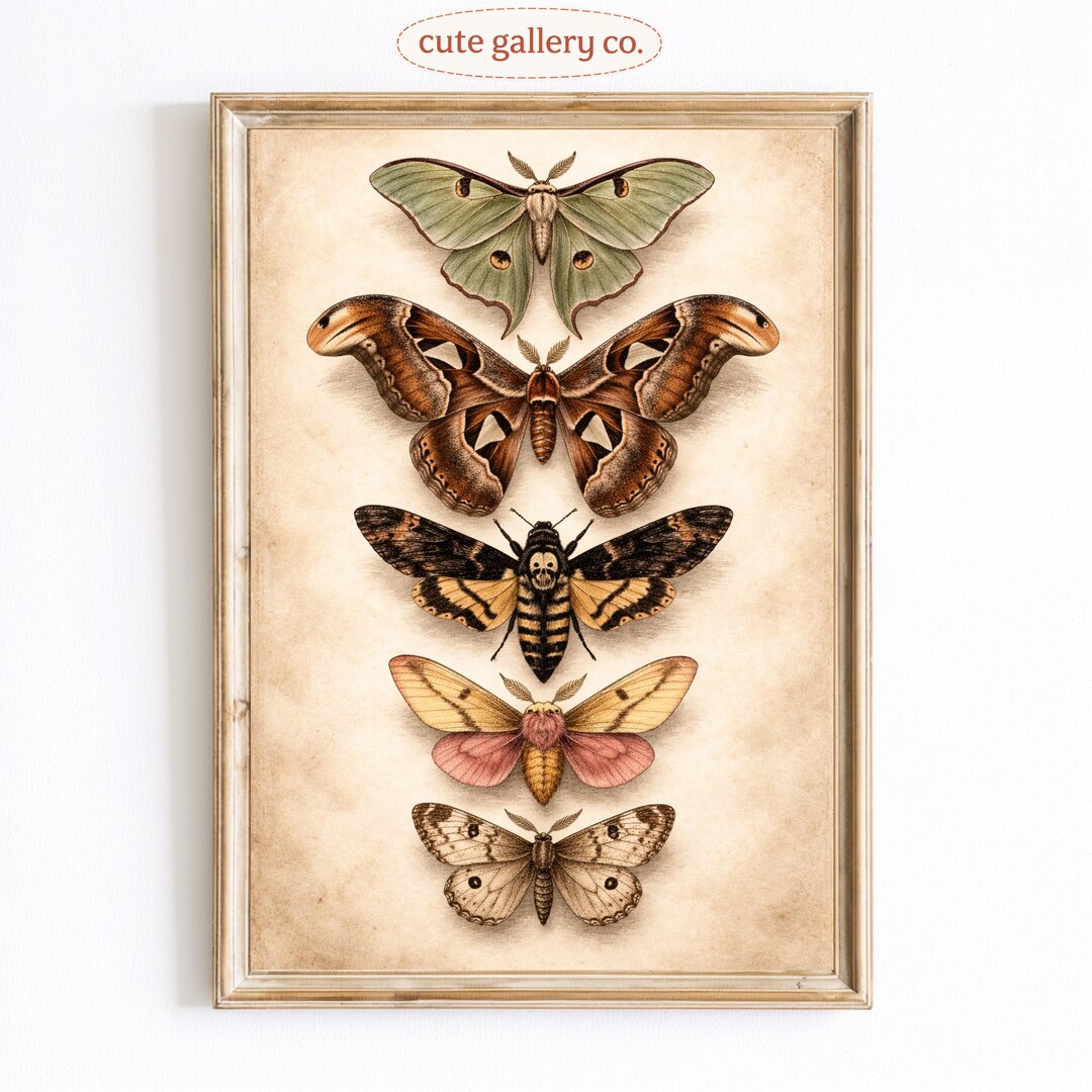 Vintage Moth Poster, Botanical Insect Wall Art Print, Dark Academia ...