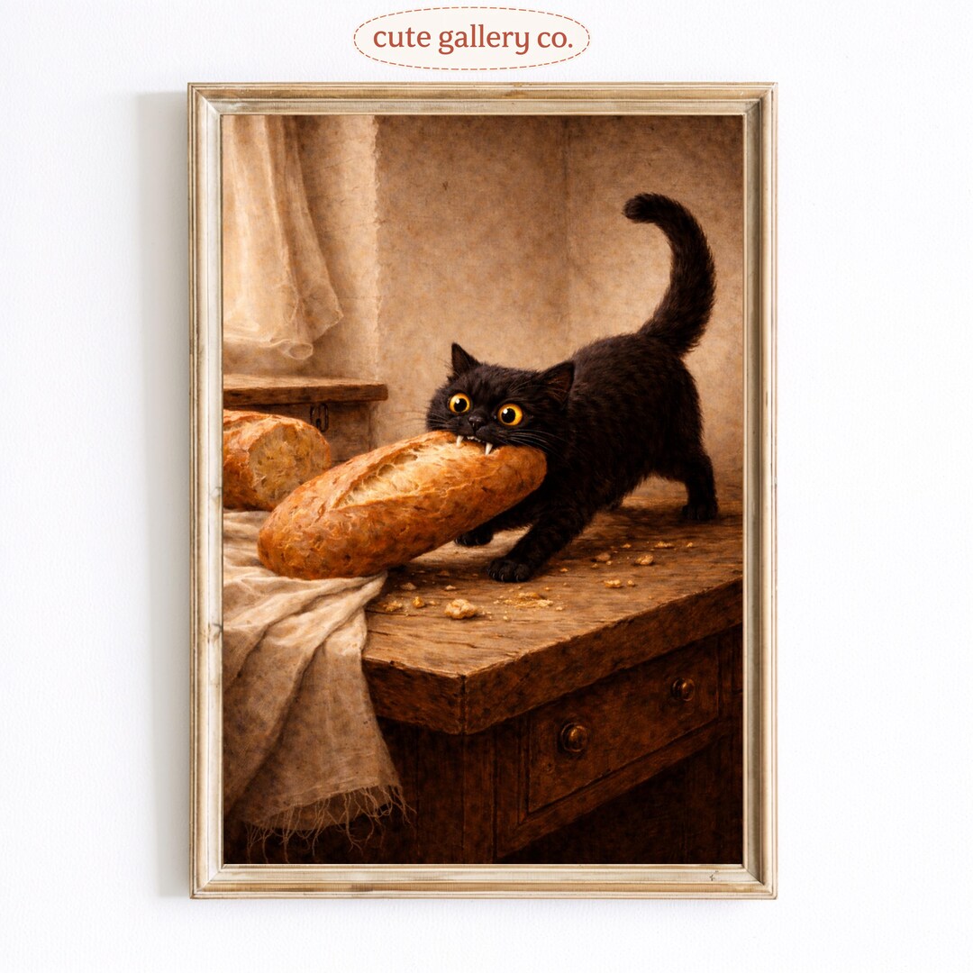 Black Cat Stealing Bread Vintage Kitchen Poster, Whimsical Still Life ...