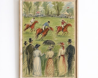 Vintage Polo Match Print, Equestrian Wall Art, Classic Sporting Illustration, Antique Horse Racing Decor, Edwardian Country Club Artwork