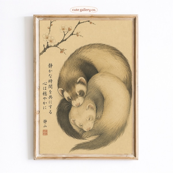 Sleeping Ferrets Wall Art, Japanese Zen Animal Print, Vintage Ferret Decor, Peaceful Wildlife Artwork