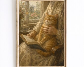 Vintage Cat Reading Print, Grandmother Lap Cat Artwork, Cottagecore Animal Decor