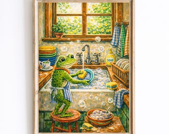 Frog Washing Dishes Print, Whimsical Kitchen Animal Wall Art, Cozy Cottagecore Decor