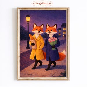 May include: A framed art print depicts two anthropomorphic foxes strolling down a street at night. One fox carries a baguette, the other a bouquet of pink roses. The foxes wear coats in yellow and blue, with a lamppost and buildings in the background.
