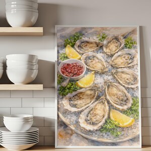 Fresh Oysters on Ice with Lemon and Vinaigrette Coastal Kitchen Still Life Elegant Fine Art Print for Dining Room & Restaurant Decor A2A3A4