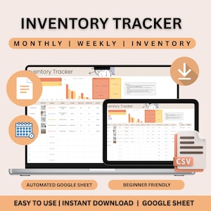 Puede incluir: Un portátil y una tableta muestran una hoja de cálculo de seguimiento de inventario. La imagen incluye iconos de documentos, un calendario y una flecha de descarga. El texto de la imagen dice "INVENTORY TRACKER", "MONTHLY | WEEKLY | INVENTORY", "AUTOMATED GOOGLE SHEET".