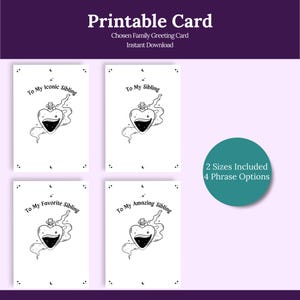 Op de afbeelding: Printbare wenskaarten met een zwart-wit hartvormig drankontwerp. De kaarten bevatten zinnen als "To My Iconic Sibling" en "To My Amazing Sibling". De afbeelding bevat ook de tekst "2 Sizes Included 4 Phrase Options."