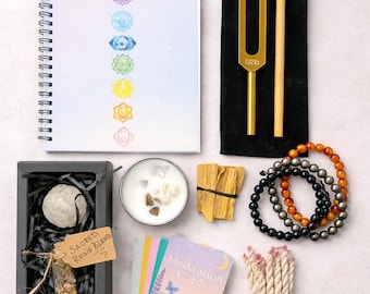 Set de regalo para rituales de meditación y yoga con diapasón, incienso, vela y cuaderno de chakras.