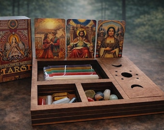 Juego de altar de tarot de bruja vintage: baraja de tarot, cristales, velas mágicas y expositor de cartas de madera