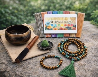 Set de rituales de chakras con cuencos cantores para sanación sonora, aromas y meditación