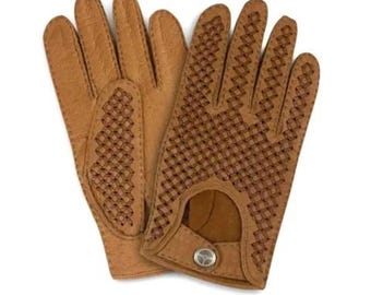 Handgemachte Tan Leder Autohandschuhe, geflochtener Vintage Stil