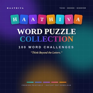 May include: A digital graphic for a word puzzle collection titled H A A T H I V A, featuring colourful letter tiles, the text WORD PUZZLE COLLECTION, 100 WORD CHALLENGES, and the quote Think Beyond the Letters on a dark blue grid background.