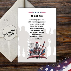May include: A white greeting card featuring the text TO OUR SON, a religious message, and an illustration of a knight in armor holding a sword over an open book. The design includes silhouettes of soldiers and a patriotic red, white, and blue theme.