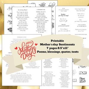 May include: Printable Mother's Day sentiments with poems, blessings, quotes, and texts. The image features seven A4 pages with various loving messages for mothers, in a white and gold color scheme.
