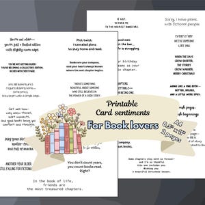 Könnte beinhalten: Ein digitales, druckbares Blatt mit verschiedenen buchbezogenen Sprüchen und Zitaten. Ein zentrales Banner zeigt den Text 'Printable Card sentiments For Book lovers' neben einer bunten Illustration von gestapelten Büchern und Blumen.