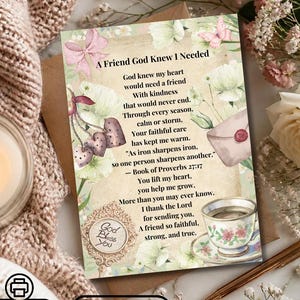 Christian Friendship Card,  Printable Gift for friend, Proverbs 27:17 Scripture Poem (Digital Download)