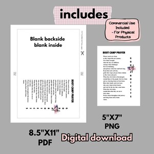 May include: A digital download set featuring a 5x7 inch PNG and an 8.5x11 inch PDF. The design includes the text Boot Camp Prayer, a heart and cross graphic with an American flag pattern, and the vertical text God Protects. Includes cut lines.