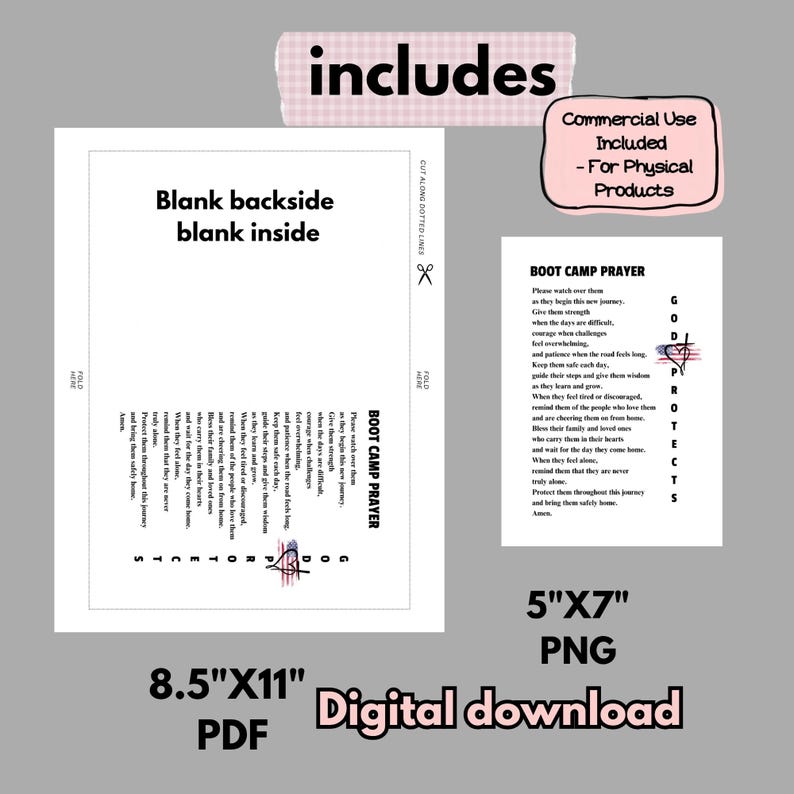 May include: A digital download set featuring a 5x7 inch PNG and an 8.5x11 inch PDF. The design includes the text Boot Camp Prayer, a heart and cross graphic with an American flag pattern, and the vertical text God Protects. Includes cut lines.
