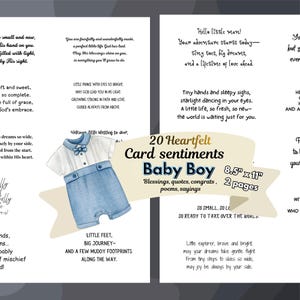 Puede incluir: Un juego de tarjetas de felicitación para un bebé, con 20 sentimientos sinceros. El diseño incluye una ilustración en acuarela de un pelele azul con pajarita. Las tarjetas miden 21,6 cm x 27,9 cm e incluyen bendiciones, citas y poemas.