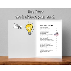 May include: A white greeting card interior featuring the text 'Use it for the inside of your card.' and 'Idea' next to a yellow lightbulb illustration. The right side displays the 'BOOT CAMP PRAYER' with the vertical text 'GOD PROTECTS' and a heart icon.