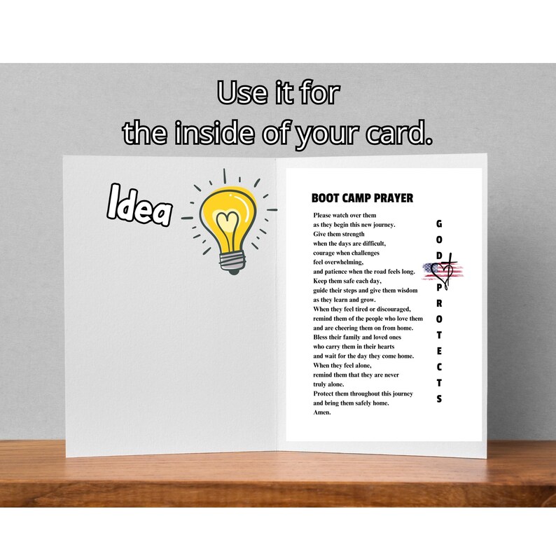 May include: A white greeting card interior featuring the text 'Use it for the inside of your card.' and 'Idea' next to a yellow lightbulb illustration. The right side displays the 'BOOT CAMP PRAYER' with the vertical text 'GOD PROTECTS' and a heart icon.