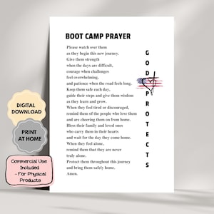 May include: A white rectangular print featuring the black text Boot Camp Prayer followed by a poem. To the right, the vertical text GOD PROTECTS is displayed next to a graphic of a heart, a cross, and a faded American flag background.