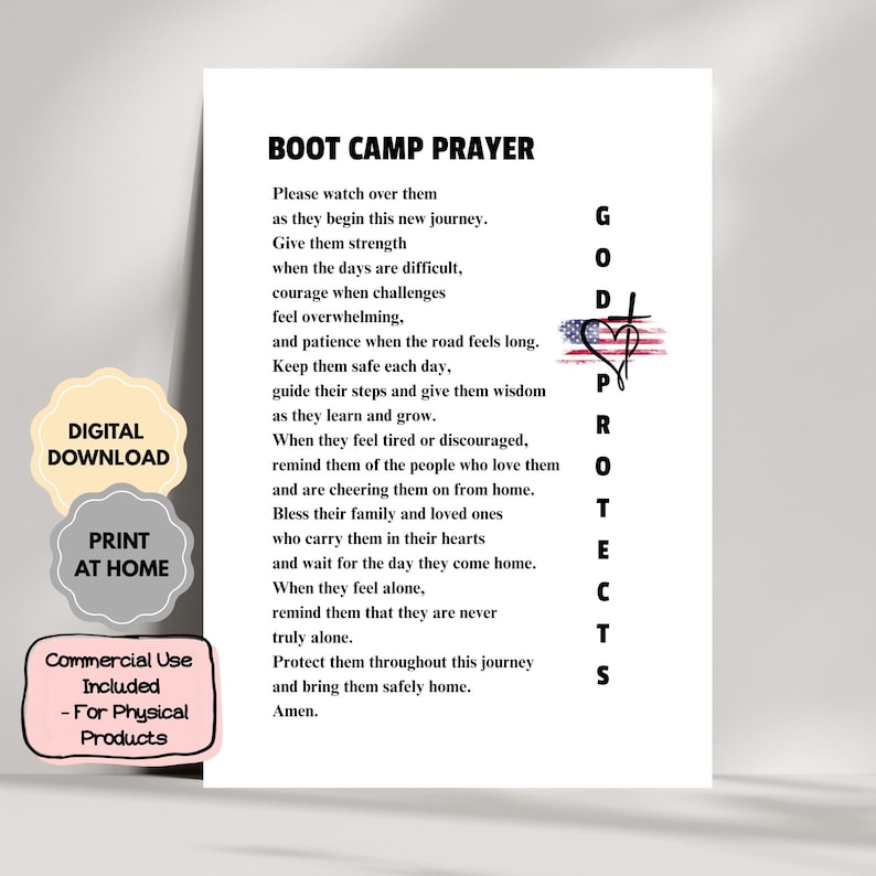 May include: A white rectangular print featuring the black text Boot Camp Prayer followed by a poem. To the right, the vertical text GOD PROTECTS is displayed next to a graphic of a heart, a cross, and a faded American flag background.