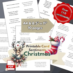 May include: A collection of printable Christmas card sentiments on ten pages, sized A4 and 8.5 inches by 11 inches. The pages feature various holiday phrases, a reindeer illustration with a floral wreath, and a red and white striped stocking.