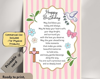 May include: A rectangular birthday card featuring a pink and cream vertical striped background. The center contains a scalloped frame with the text Happy Birthday and a religious poem, decorated with illustrations of a dove, flowers, and a cross.