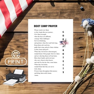 May include: A white rectangular print featuring the black text BOOT CAMP PRAYER followed by a prayer poem. To the right, the vertical text GOD PROTECTS is displayed next to a small American flag graphic with a black heart and cross symbol.