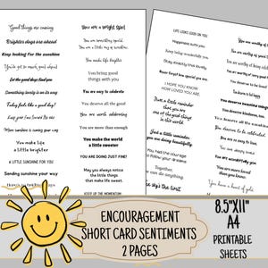 May include: Two white printable sheets featuring black text with various encouraging sentiments and phrases. A yellow sun illustration with a smiling face is at the bottom. The text includes 8.5"x11" and A4 printable sheets labels.